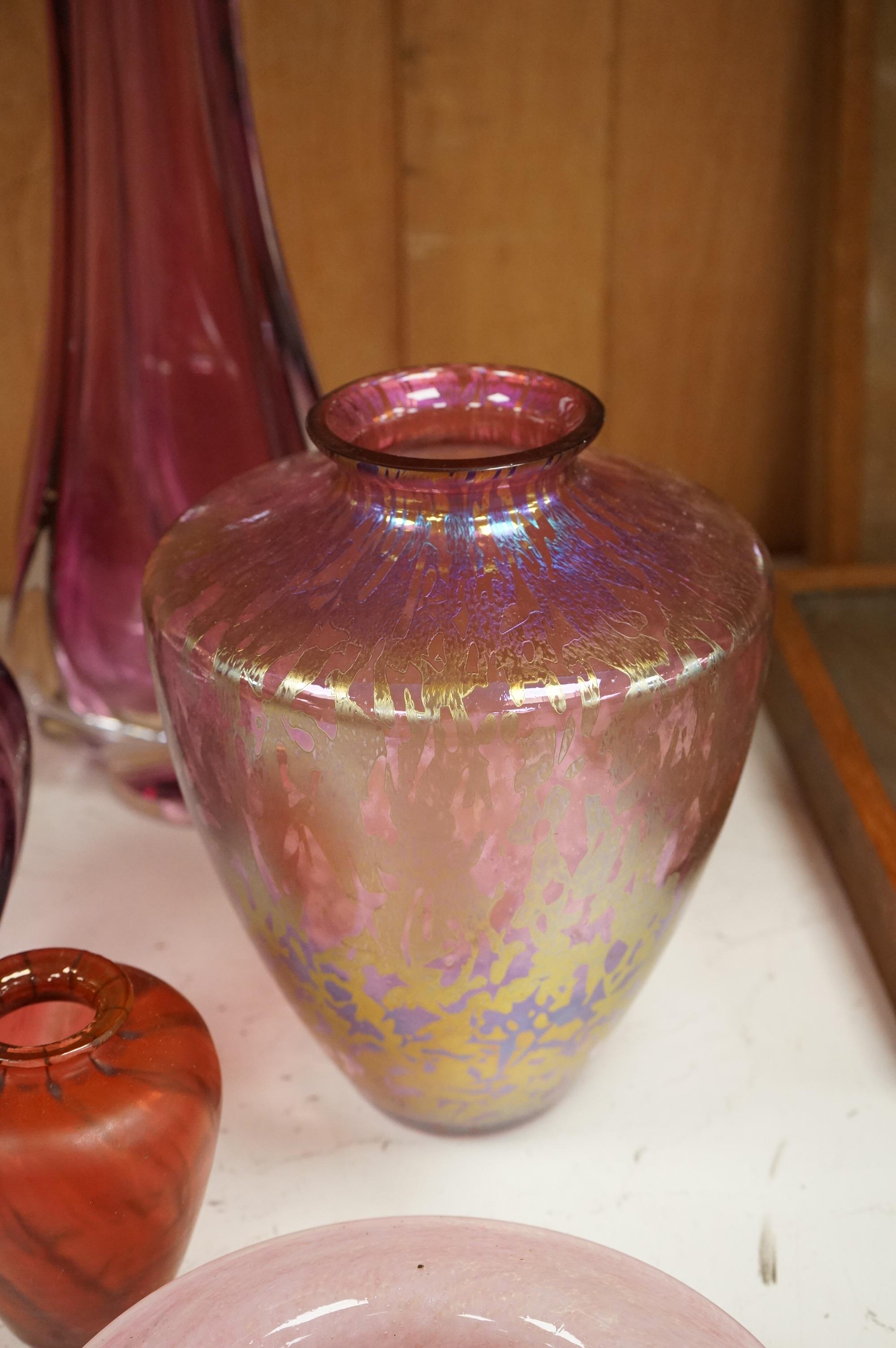 Five pieces of art glass including a Royal Brierley Studio vase, tallest 37.5cm